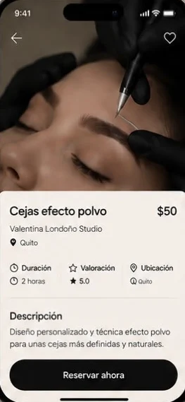Detalle del servicio cejas efecto polvo con precio, duración, valoración y botón Reservar ahora