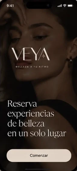 Pantalla de inicio de la app VEYA: reserva experiencias de belleza en un solo lugar
